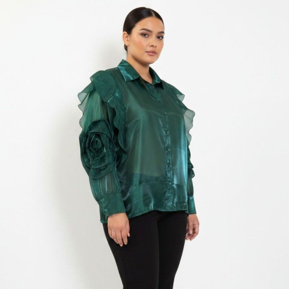 Ashley Stewart Sheer Organza Blouse Rosette Ruffle Sleeves, NWT! Size 18